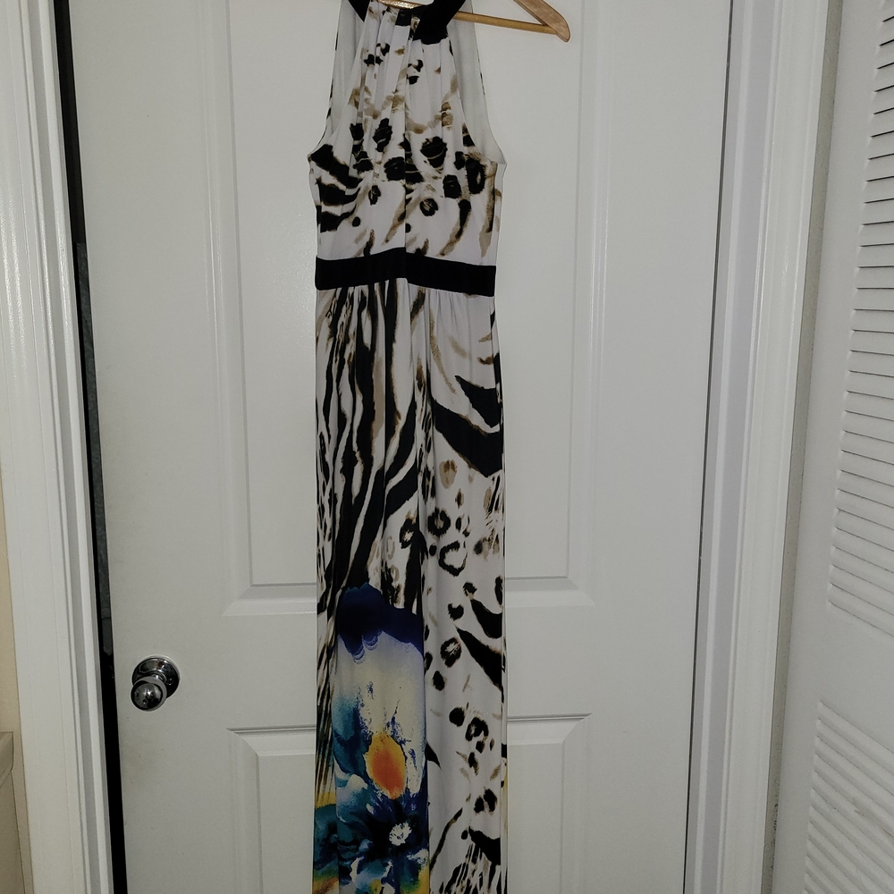 Bisou Bisou Black and White Maxi Dress with Blue Floral Accents